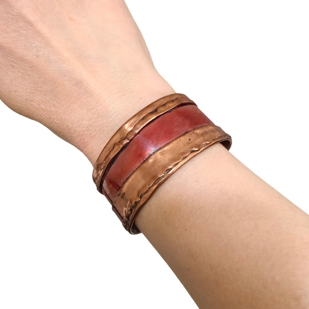 Anna Schramke Art Lowensten Handcrafted Solid Copper Red‎ Enamel Cuff Bracelet